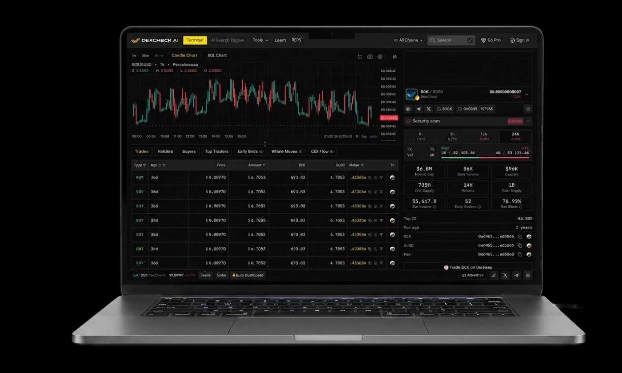 DexCheck AI multi-chain intelligence platform displayed on a laptop